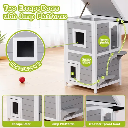 Miniatura 3 de Casa para gatos al aire libre de 2 pisos con puerta de escape, refugio para gatos feral, resistente a la intemperie para exteriores, techo