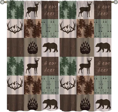 Cortinas rústicas de oso y alce, tratamientos retro para ventana de cabaña de oso salvaje para dormitorio y cocina, cortinas estilo campestre Retro