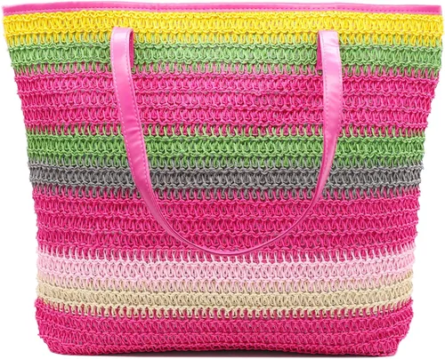 Miniatura 48 de Bolso grande de paja para mujer, tejido de ratán, bolso de playa de verano, a rayas