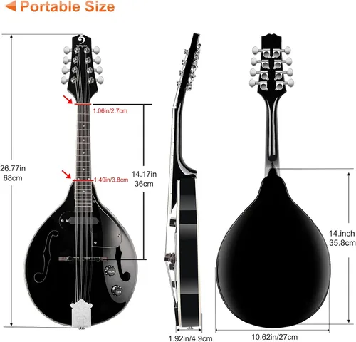 Miniatura 7 de Vangoa Instrumento de Mandolina de Caoba Eléctrico Acústico Estilo A, Mandolina Musical para Principiantes, Adultos, Adolescentes, Niños, Negro