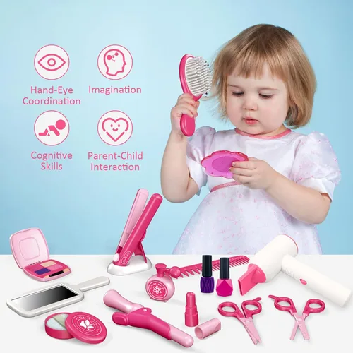 Miniatura 4 de Conjunto de juguetes de salón de belleza para niños RedCrab, juego de peluquería para niñas con kit de maquillaje simulado incluye secador de pelo