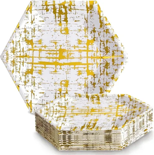 Miniatura 8 de Elegante vajilla desechable - Colección Ártico, platos llanos hexagonales, oro rosa