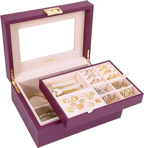 LANDICI Joyero organizador para mujeres y adolescentes estuche grande de almacenamiento de joyas con espejo y bandeja extraíble de 2 capas soporte