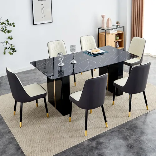 Miniatura 13 de Juego de mesa de comedor de vidrio de 71 pulgadas para 6, mesa de comedor para 6, mesa de vidrio templado con marco de MDF blanco y 6 sillas