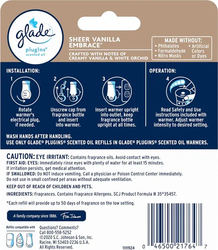 Miniatura 2 de Glade PlugIns - Repuesto de ambientador, aceites esenciales y perfumados para el hogar y el baño, Sheer Vanilla Embrace, 1.34 onzas, 2