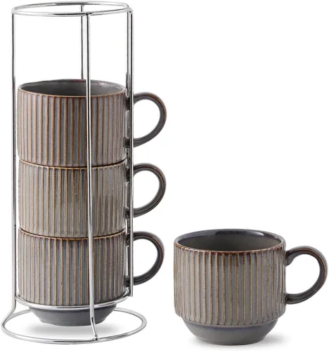 HASENSE Porcealin - Juego de 4 tazas de café apilables con soporte, juego de 4 tazas de café grandes de cerámica acanaladas de 15 onzas para Marrón