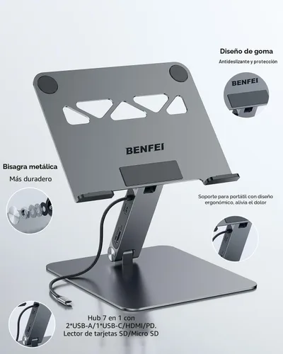 Miniatura 8 de BENFEI Soporte para laptop con estación de acoplamiento USB C 7 en 1, HDMI 4K a 60 Hz, 1 SD 1 Micro SD, entrega de energía de 100 W, 10 Gbps 1 USB C