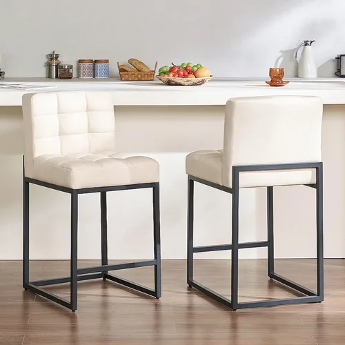 GrandNoor Juego de 2 taburetes de bar modernos de piel sintética beige de 25 pulgadas con patas traseras de metal resistentes, cableado a cuadros