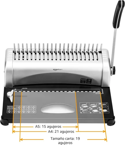 Miniatura 5 de Amazon Basics - Máquina de encuadernación de peine, capacidad para 350 hojas, para tamaños de papel A5 (15 agujeros)/carta (19 agujeros)/A4