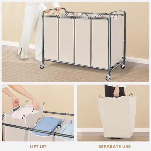 Miniatura 4 de STORAGE MANIAC Clasificador de ropa sucia de 4 secciones, 47.8 galones (181 L) con ruedas, clasificador de cestas divisoras de ropa, carrito Beige