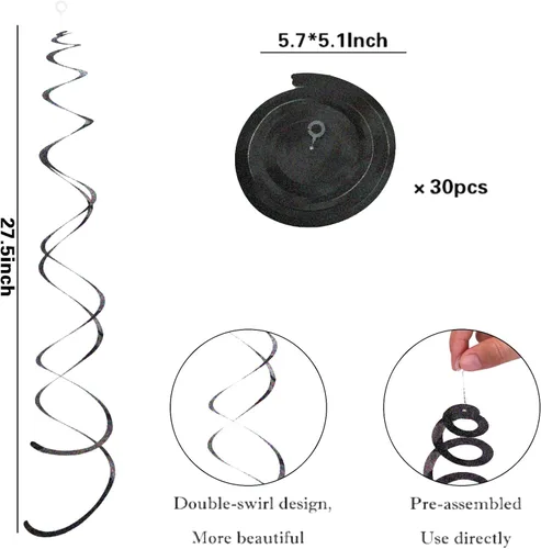 Miniatura 3 de PIGETALE 30 Piezas de Decoraciones Colgantes de Remolinos de Fiesta Iridescentes en Negro para Colgar en Techo, Serpentinas de Plástico, Remolinos