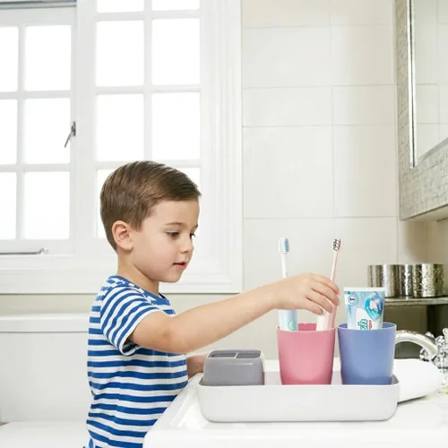 Miniatura 4 de Soporte para cepillos de dientes para niños con tazas de enjuague, cepillo de dientes eléctrico y soporte de almacenamiento de pasta de dientes