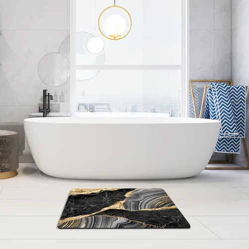 Miniatura 3 de Alfombra de baño, alfombra de baño de mármol negro y dorado, tapete antideslizante para decoración del hogar, tapete de barro para interiores