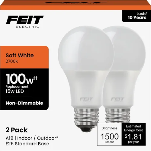 Feit Electric Bombillas LED A19, equivalente a 100 W, no regulables, 1500 lúmenes, base estándar E26, blanco suave de 2700 K, 80 CRI, vida útil de