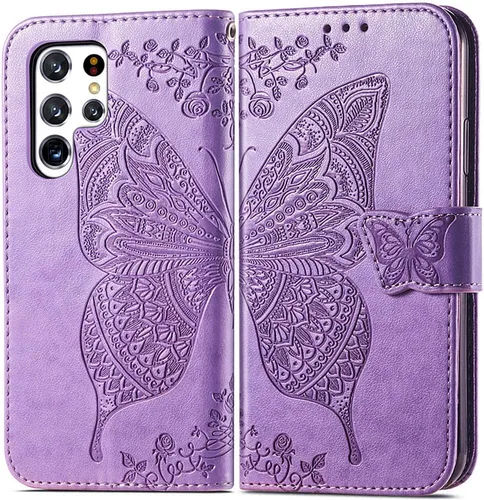 Funda tipo cartera para Samsung Galaxy S22 Ultra 5G, piel sintética de alta calidad con diseño de mariposa en relieve, función atril, ranuras para