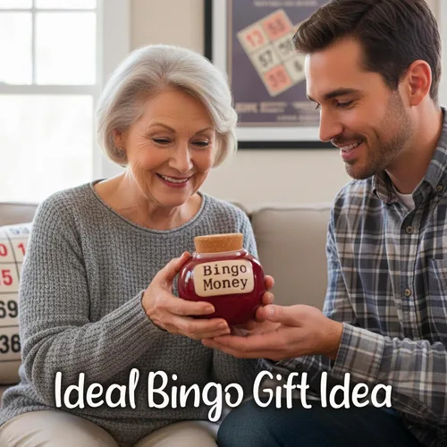 Miniatura 8 de Cottage Creek Tarro de dinero de bingo, alcancía de cerámica roja de 6 pulgadas para adultos, divertido tarro de monedas y accesorios de bingo
