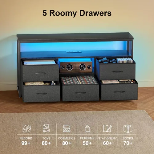 Miniatura 5 de Soporte de TV con luces LED y estación de carga, soporte de TV de 55 pulgadas para dormitorio, almacenamiento de cajones de tela, centro