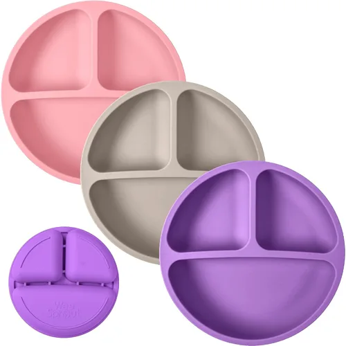 Miniatura 9 de Platos de silicona 100% para niños pequeños Juego de 3 piezas Platos de bebé con división No tóxicos, sin BPA Apto para lavavajillas y Azul