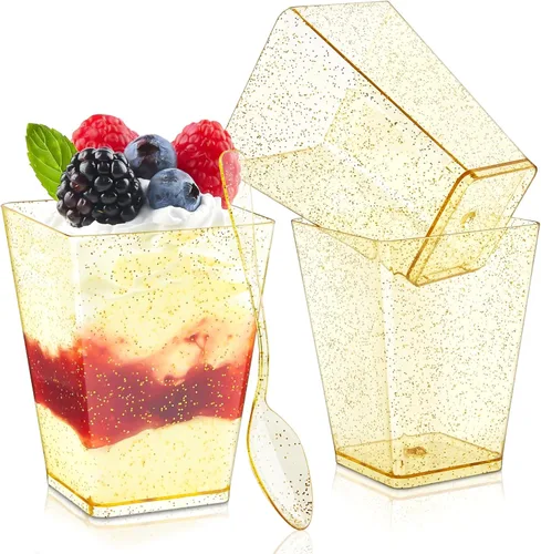 Miniatura 8 de Mini tazas de postre con purpurina dorada de 3.5 onzas con cucharas, paquete de 50 tazas de postre de plástico dorado para postres pequeños