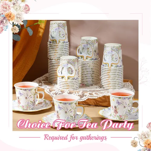 Miniatura 4 de Umigy 60 juegos de decoraciones para fiestas de té, 6.5 onzas, tazas de té de papel floral de hadas con asa y platos, juegos de tazas de té y Azul