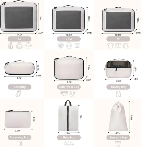 Miniatura 2 de Cubos de embalaje para viajes, 10 unidades, color crema, organizador de equipaje duradero, 4 tamaños (extra grande, grande, mediano, pequeño), cubos
