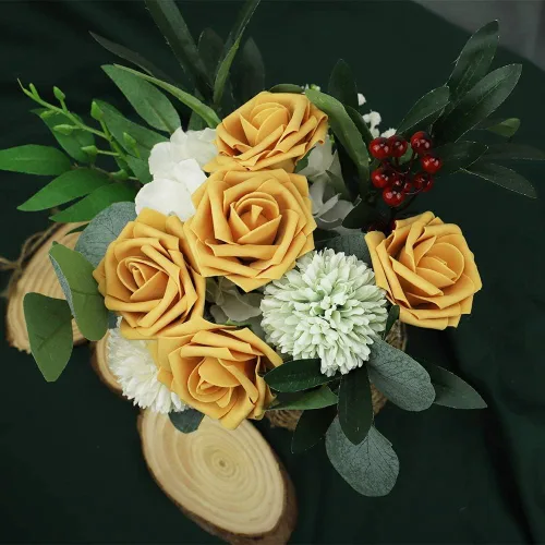 Miniatura 3 de Higfra Flores artificiales, 25 unidades, rosas falsas de espuma dorada de aspecto real con tallos para ramos de boda, centros de mesa de despedida