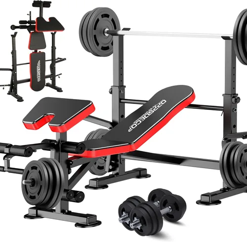 OPPSDECOR Juego de banco de pesas todo en uno de 900 libras con estante para sentadillas, banco de entrenamiento ajustable con desarrollador de