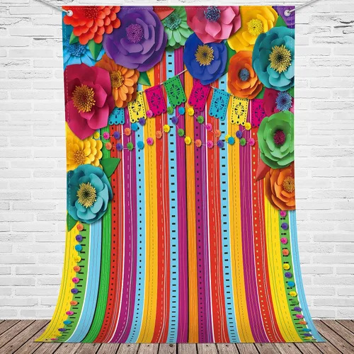 Tatuo Fondo de fiesta mexicana de 7 x 5 pies, decoraciones de Cinco de Mayo, fondo de fotografía de flores de papel, bandera colorida, bandera