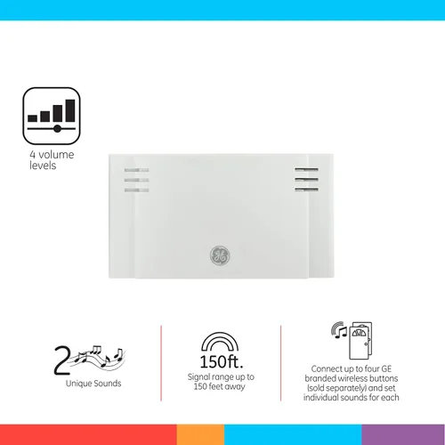 Miniatura 2 de GE Kit de Timbre Inalámbrico, Receptor que Funciona con Batería, 1 Timbre de Puerta con Botón Pulsador, 2 Melodías, 4 Niveles de Volumen campanilla