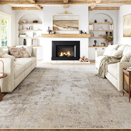 Alfombra de área lavable de 8 x 10 pies de color baige/gris, para sala de estar, dormitorio, comedor, cocina, oficina y recibidor, antideslizante,