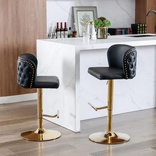 Miniatura 9 de Juego de 2 taburetes de bar de cuero, taburetes de bar giratorios de altura ajustable con botón trasero copetudo y patas de metal cromado dorado