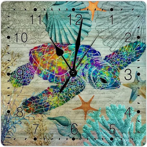 Reloj de pared silencioso sin tictac con temática de playa, océano, colorido, tortuga marina, reloj de pared cuadrado estilo rural costero toscano,