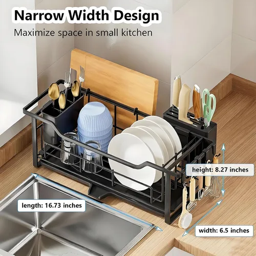 Miniatura 3 de AIDERLY Escurridor estrecho de platos para encimera de cocina, drenaje automático, escurridor de platos de hierro con cesta extraíble