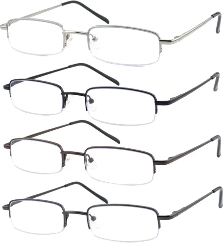 Paquete de 4 lentes de lectura de medio marco de metal para hombres y mujeres, lentes de bloqueo de luz azul con bisagras de resorte
