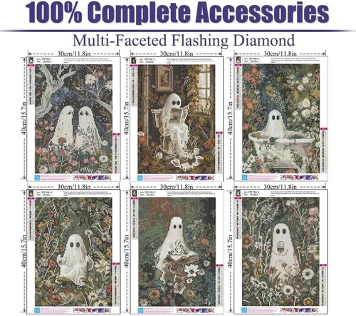 Miniatura 5 de GOUOYANA Paquete de 6 kits de pintura de diamantes de Halloween para adultos, kits de pintura de diamante fantasma para principiantes, 5D Halloween