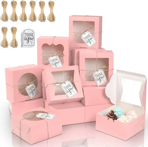 Miniatura 12 de KPOSIYA 65 cajas de panadería con ventana de 6 x 6 x 3 pulgadas, cajas de galletas de 5 estilos, cajas pequeñas de pastelería para dulces, postres