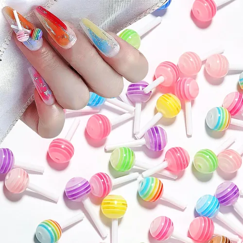 Miniatura 4 de 50 dijes de uñas de piruleta 3D de arcoíris, accesorios de uñas de caramelo de macarrón de resina para arte de uñas, bricolaje y decoración