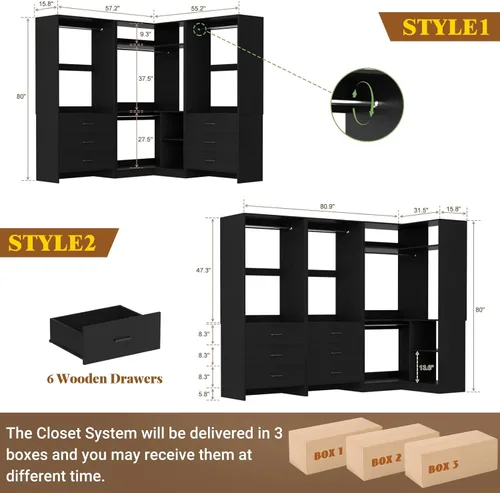 Miniatura 7 de Aheaplus Sistema de armario con 6 cajones, 4 varillas para colgar y torre de esquina, sistema de armario de esquina con colgante, organizador