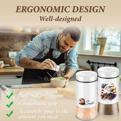 Miniatura 5 de Juego de salero y pimentero, salero y pimentero de vidrio de 148 ml con tapa de acero inoxidable, decoraciones del 4 de julio para cocina y hogar