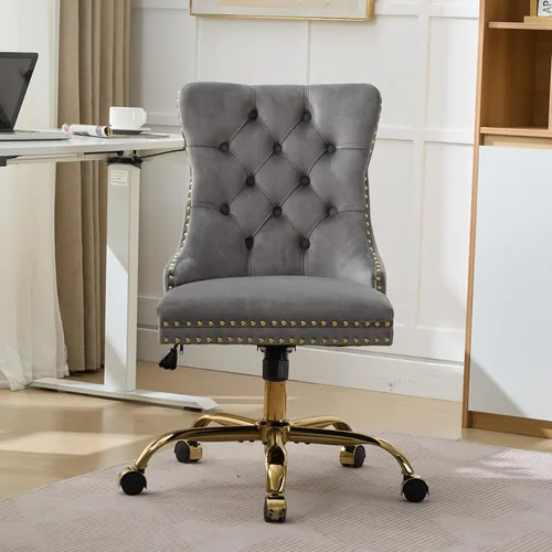 Miniatura 14 de Silla de escritorio, moderna silla de oficina en casa tapizada de terciopelo, sillas de escritorio giratorias de 360° sin brazos, sillas ergonómicas