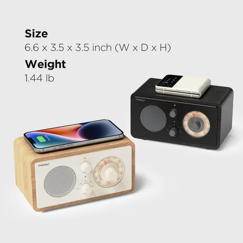 Miniatura 8 de mooas Radio de carga inalámbrica con esfera clásica, altavoz Bluetooth retro (negro), cargador inalámbrico máximo de 10 W, radio FM, modo SD/Aux