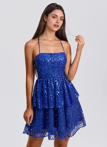 Miniatura 5 de YUAOHUANG Vestido de fiesta de lentejuelas con tirantes delgados 2025 vestidos de cóctel cortos escalonados para mujer
