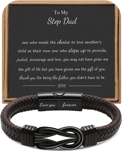 Miniatura 26 de Pulseras de nudo JoycuFF Regalos para hombres Marrón cuero trenzado acero inoxidable pulseras de infinito con inscripción Amor eterno Regalos