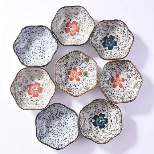 Miniatura 8 de Juego de 4 cuencos japoneses de cerámica en forma de flor, platos pequeños de 4 pulgadas para salsa de soja, condimentos, sushi, aperitivos