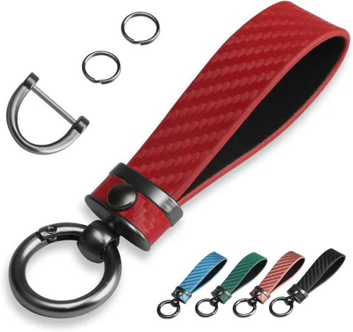 Miniatura 8 de QBUC Llavero de coche estilo fibra de carbono, llavero portallaves de cuero de microfibra para hombres y mujeres, con giratorio de 360 grados, Negro