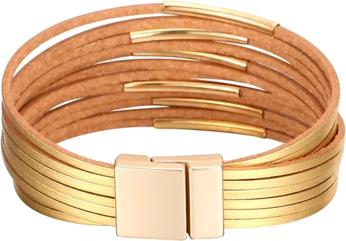 Miniatura 5 de Fesciory - Pulseras envolventes de cuero para mujer, brazalete de cuentas de cristal de leopardo, bohemia, multicapa