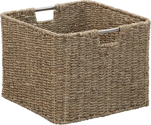 Miniatura 12 de Household Essentials Cesta tejida cuadrada, cubo de cuerda de papel con asas de acero inoxidable, gris