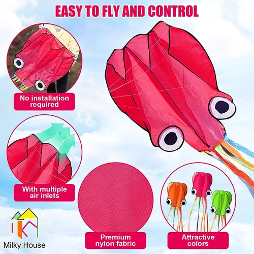 Miniatura 6 de Paquete de 3 cometas de pulpo – Cometas de playa 3D para personas y niños (azul, verde, rojo) – Fácil de volar, kit de cometa con cuerda de 39.9