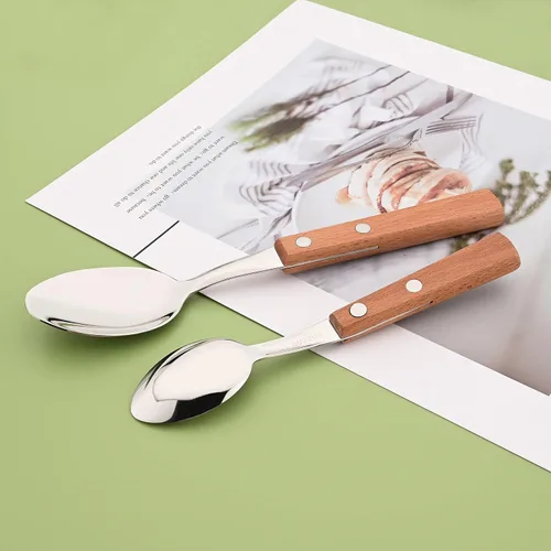 Miniatura 3 de Juego de 8 cucharas de espresso, juego de cubiertos de acero inoxidable 304 con mango de madera, cucharas pequeñas para postre, té, aperitivo, café
