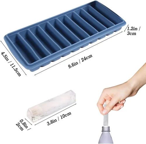 Miniatura 3 de LessMo 2 bandejas para cubitos de hielo, bandeja larga para palitos de hielo de silicona con tapa, palo estrecho rectangular, reutilizable, Azul